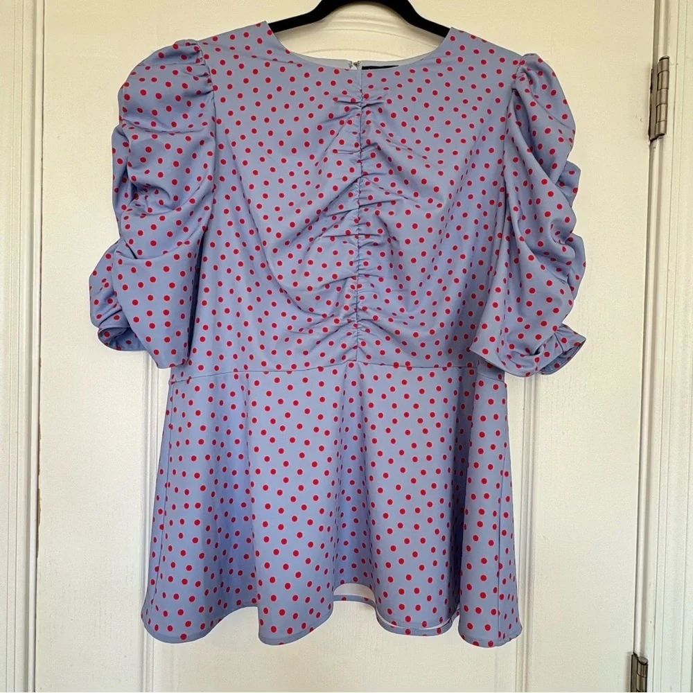 Kate Spade Plus Size 16 Peplum Top Ruched Blue Red Polka Dots Puff Sleeves Zip